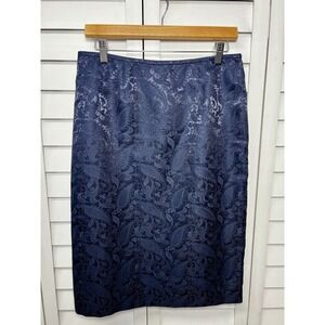 Le Suit Paisley Satin Knee Length Pencil Skirt Career Women's Size 6 Navy
